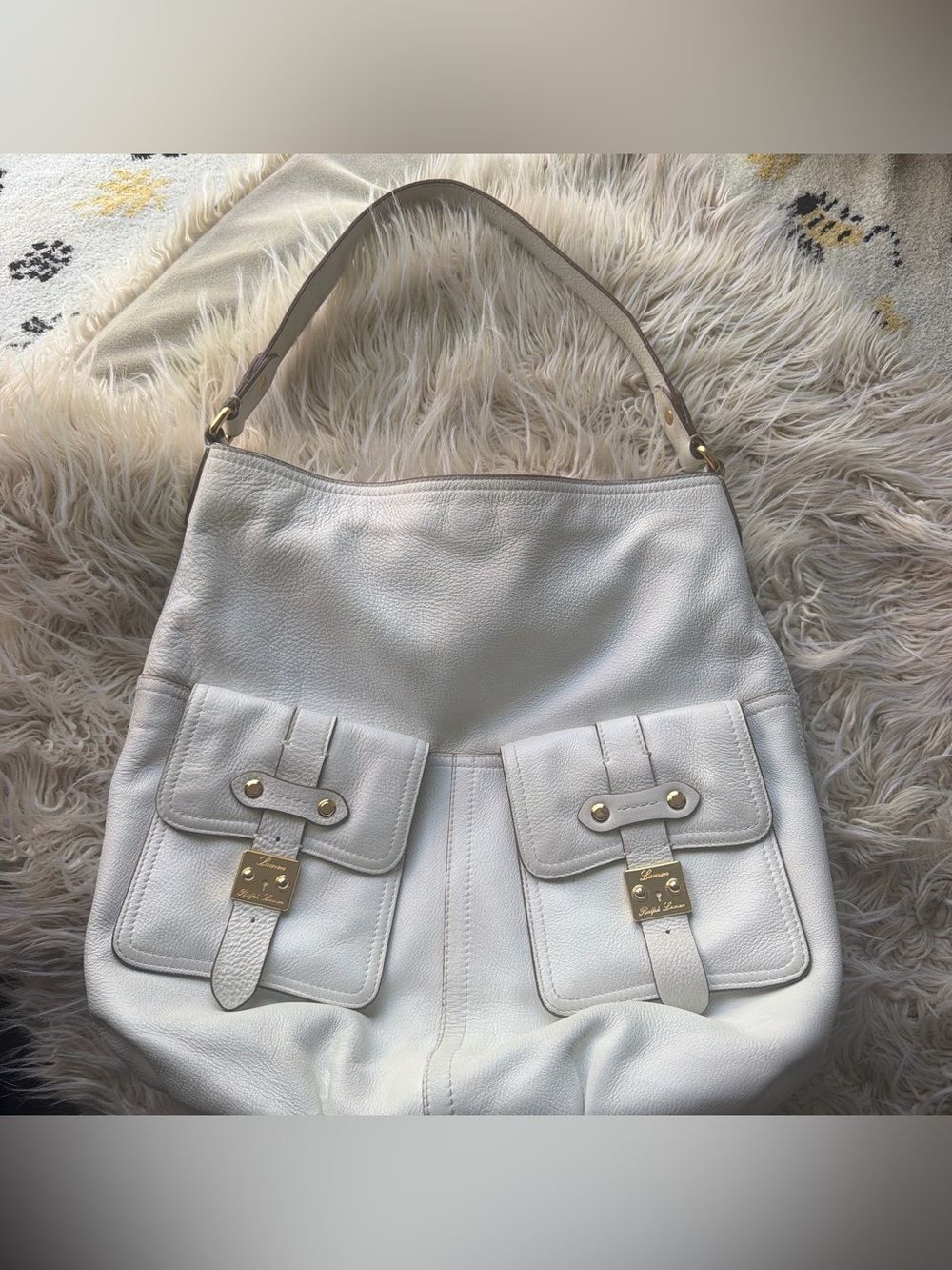 Ralph Lauren White Leather Shoulder Bag with Front Pockets